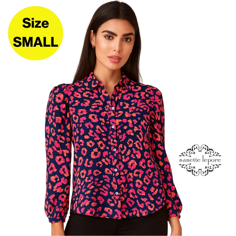 3/for $15 🍒 NANETTE LEPORE Vibrant Pink & Navy Blue Button-Up Blouse (Small)